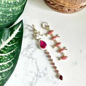 White Cat & Fish Asymmetric Enamel Long Dangle Earrings Pink Stone Jewelry NEW